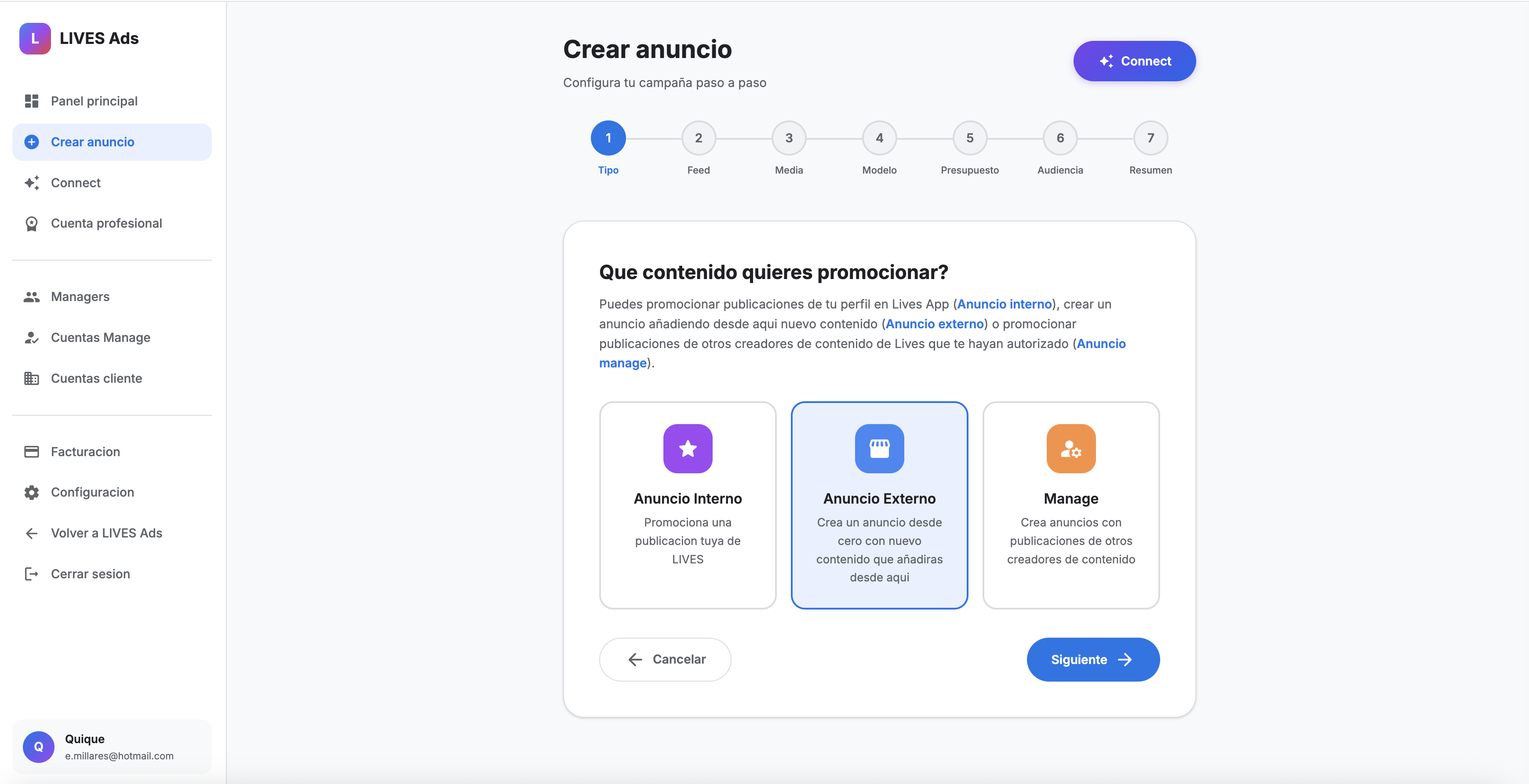 LIVES Ads - Crear campana